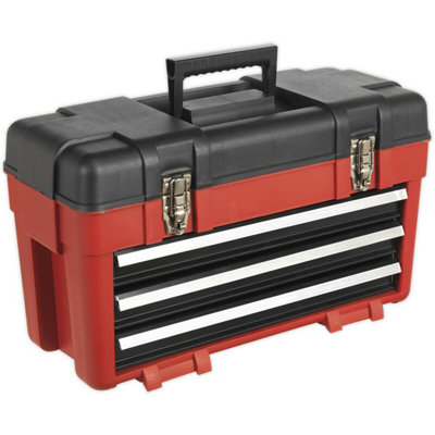 Portable 3 Drawer Toolbox with Auto Lock - 585x250x340mm - Red Tool Storage Solution
