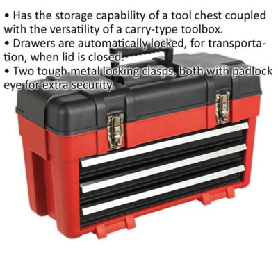 Portable 3 Drawer Toolbox with Auto Lock - 585x250x340mm - Red Tool Storage Solution