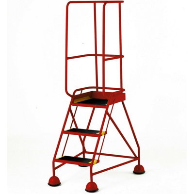 Portable 3 Tread Mobile Warehouse Steps with Guardrail in Red - Safety Stairs for Easy Access