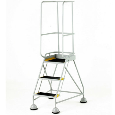 Portable 3 Tread Mobile Warehouse Steps with Guardrail - Safe and Stable Grey Stairs