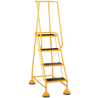 Portable 4 Tread Mobile Warehouse Steps in Yellow - Safety Ladder with Wheels