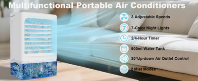 Portable air conditioner, cooling fan with 3 speeds and 3 modes ...