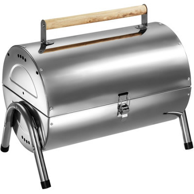 Portable BBQ - opens to double the grill area, practical carry handle - silver