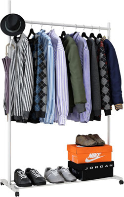 Portable Clothes Rail, Clothes Rack With Storage Shelf, 6 Hooks, Heavy Duty Clothes Rail on Wheels, 50KG Load (WHITE WITH WHEELS)
