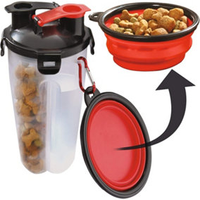 Portable Dog Food & Water Carrier with Collapsible Bowl - 2 Section Travel Container - Holds 250g of Food & 450ml of Water