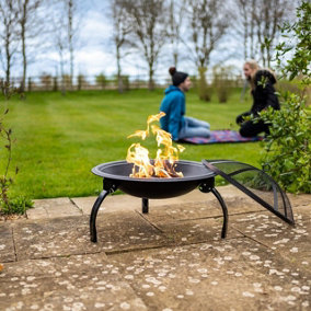 Portable Fire Pit Bowl - Foldable Black Metal Outdoor Garden Log Wood Charcoal Burner with BBQ Grill & Storage Bag - H41 x 54cm
