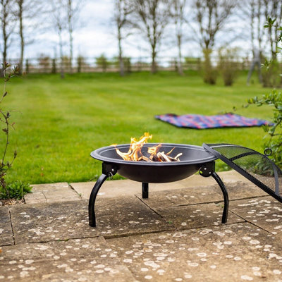 Portable Fire Pit Bowl - Foldable Black Metal Outdoor Garden Log Wood Charcoal Burner with BBQ Grill & Storage Bag - H41 x 54cm