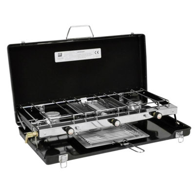 Portable Gas Dual Double 2 Burner Camping Stove & Grill with Toast Rack