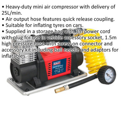 Portable HEAVY DUTY 12V Tyre Inflator / Mini Air Compressor - 100PSI Max Pump