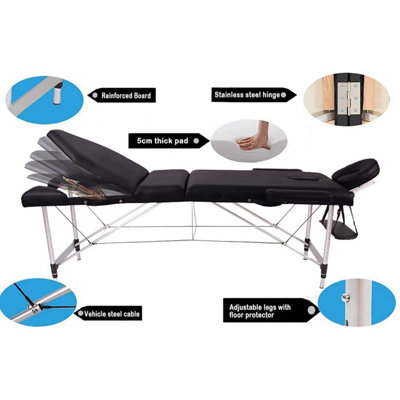 Portable Massage Bed table: 3-Section Aluminum Foldable Couch (Black)