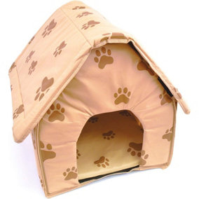 Portable Pet House - Brown Paw Print Design Foldable Cat or Dog Bed Travel Kennel with Padded Floor Mat & Touch Fastening Panels