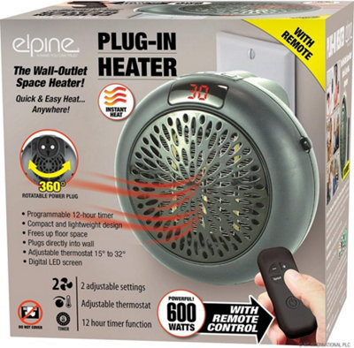 Portable Plug In Heater With Remote Control Adjustable Thermostat Timer 600W