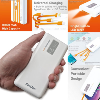 Portable Power Bank 10,000mah with Cables USB, USB-C, LED Light