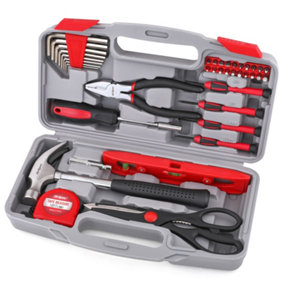 Portable Red Hand Tools Kit Set For Home and Office With Case 39 Pc DIY Hi-Spec