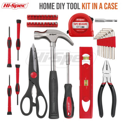 Portable Red Hand Tools Kit Set For Home and Office With Case 39 Pc DIY Hi-Spec