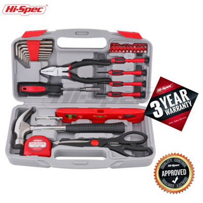 Portable Red Hand Tools Kit Set For Home and Office With Case 39 Pc DIY Hi-Spec
