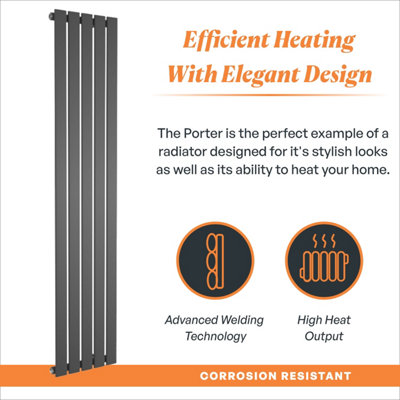 Porter Grey Single Vertical Flat Panel Radiator - 1600x340mm - 6