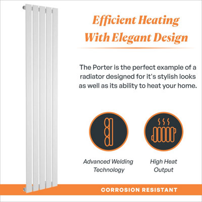 Porter White Single Vertical Flat Panel Radiator - 1600x340mm - 6