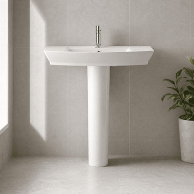 Porthill Ceramic Square Basin with Full Pedestal, 850mm - Contemporary Bathroom Sink Design (Tap Not Included) by Balterley