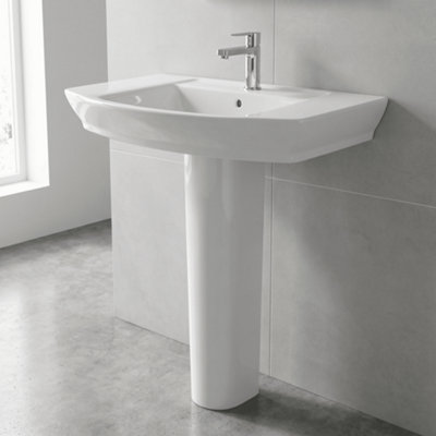 Porthill Ceramic Square Basin with Full Pedestal, 850mm - Contemporary Bathroom Sink Design (Tap Not Included) by Balterley