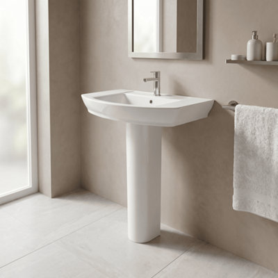 Porthill Ceramic Square Basin with Full Pedestal, 850mm - Contemporary Bathroom Sink Design (Tap Not Included) by Balterley