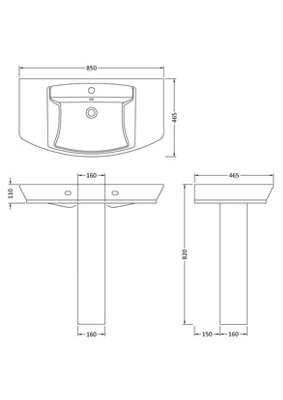 Porthill Ceramic Square Basin with Full Pedestal, 850mm - Contemporary Bathroom Sink Design (Tap Not Included) by Balterley