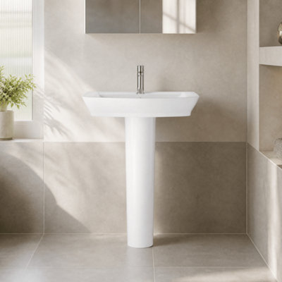 Porthill Soft Square 1 Tap Hole Ceramic Basin & Full Pedestal, 550mm - Balterley