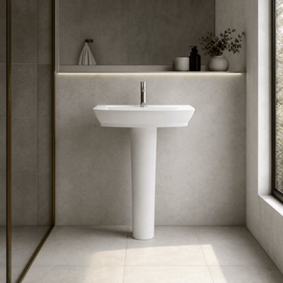 Porthill Soft Square 1 Tap Hole Ceramic Basin & Full Pedestal, 550mm - Balterley