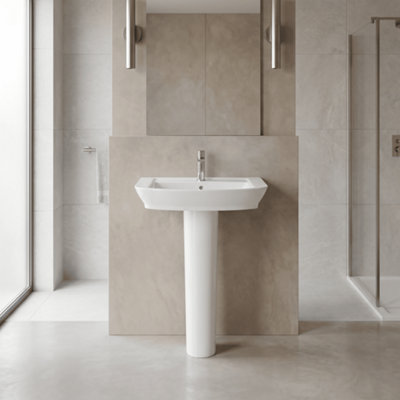 Porthill Soft Square 1 Tap Hole Ceramic Basin & Full Pedestal, 550mm - Balterley