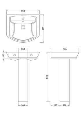 Porthill Soft Square 1 Tap Hole Ceramic Basin & Full Pedestal, 550mm - Balterley