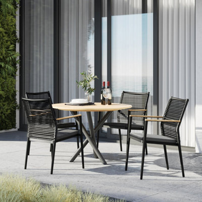 Portland 4 Seat Round Dining Set with Teak Table in Charcoal