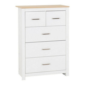 Portland 5 Drawer 3 and 2 Chest in White with Oak Effect Finish
