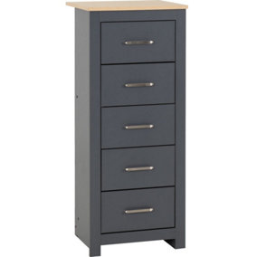 Portland 5 Drawer Narrow Chest in Grey with Oak Effect Finish
