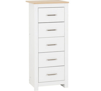 Portland 5 Drawer Narrow Chest in White with Oak Effect Finish