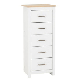 Portland 5 Drawer Narrow Chest in White with Oak Effect Finish