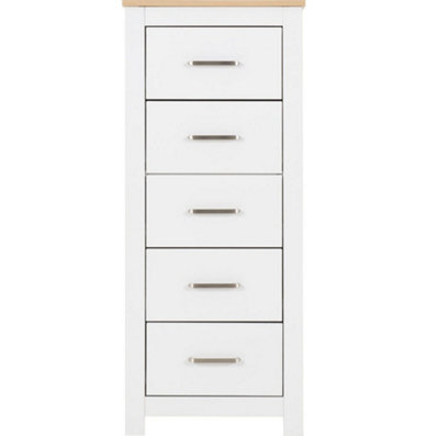 Portland 5 Drawer Narrow Chest in White with Oak Effect Finish