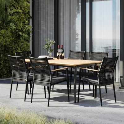 Portland 6 Seat Rectangular Dining Set with Teak Table in Charcoal