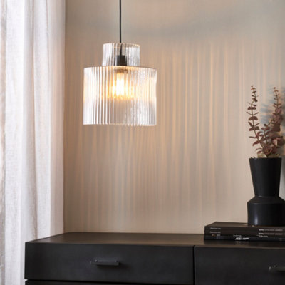 Portland - Matt Black with Clear Ribbed Glass Ceiling Pendant