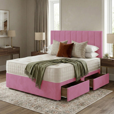 Portland Plush Velvet Divan Bed, Headboard - 4ft Small Double - Pink ...