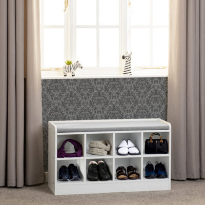 Portland Shoe Bench in White with Steel Grey Fabric Bench Seating | DIY ...