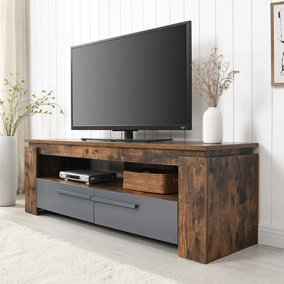 Portland TV Stand With Storage for Living Room and Bedroom, 1400 Wide, Two Drawers Storage, Media Storage, Rustic Oak Finish
