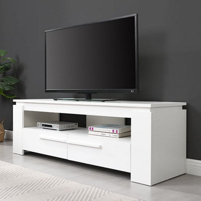 Portland TV Stand With Storage for Living Room and Bedroom, 1400 Wide, Two Drawers Storage, Media Storage, White Finish