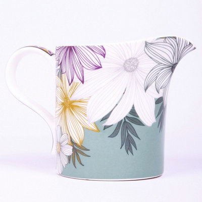 Portmeirion Atrium Floral Cream Jug - Dishwasher & Microwave Safe Milk Jug with Flower Bloom & Geometric Pattern - Measures H9cm