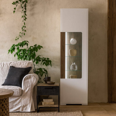 Porto Tall Gloss White Display Cabinet Oak Detail 1 Door and 4 Shelves ...