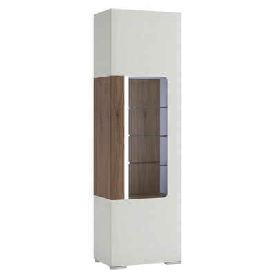 Porto Tall Gloss White Display Cabinet Oak Detail 1 Door and 4 Shelves ...