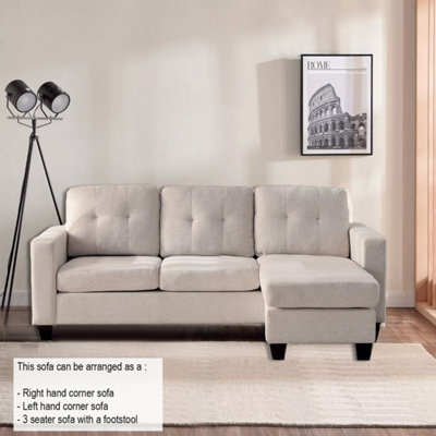 Portofino 3 Seater Corner Sofa, Chaise Lounge Furniture with Reversible Ottoman Footstool or Chaise - Cream