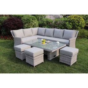 Portofino Corner Dining Set-With Rising Table With Ice Bucket + Armchair - Outdoor Garden Furniture - Rattan Weave - Light Grey
