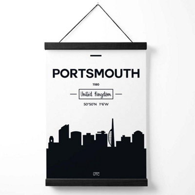 Portsmouth Black and White City Skyline Medium Poster with Black Hanger