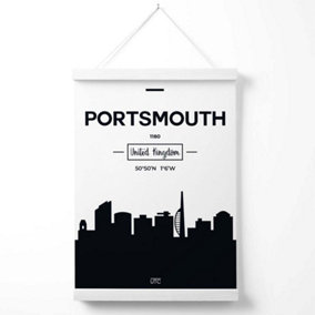 Portsmouth Black and White City Skyline Poster with Hanger / 33cm / White