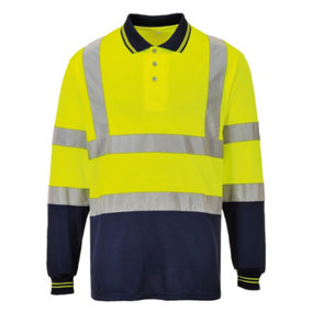 Portwest Mens Hi-Vis Two-Tone Long Sleeve Polo Shirt Yellow/ Navy (L)